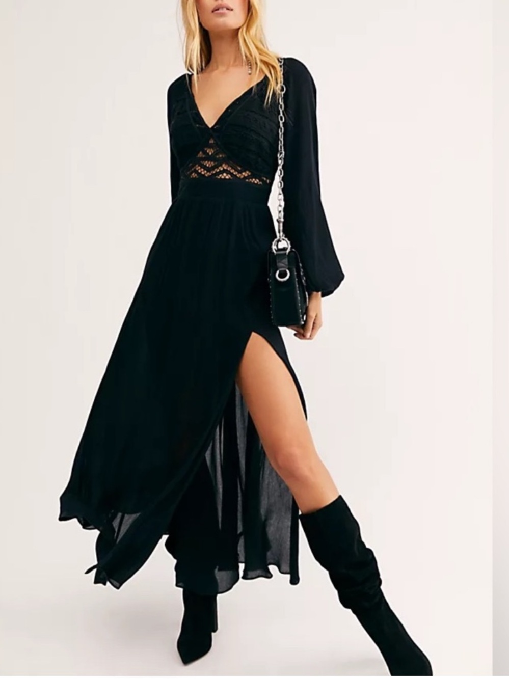 Free People True Perfection Crochet Lace Cut Out Maxi Goddess Dress size xs